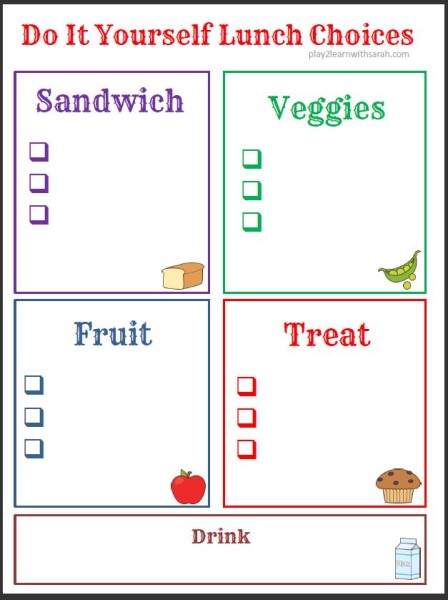 Prinable Lunch Choices | Play 2 Learn with Sarah