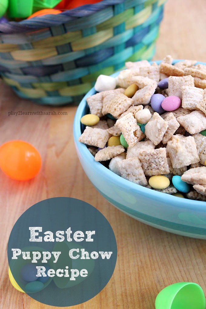 Easter Puppy Chow Recipe - This is THE perfect snack for Easter! My kids are totally addicted to it and beg for more. If you live in the north...I think you might call this Muddy Buddies....whatever you call it...it's good! It's also gluten free! 