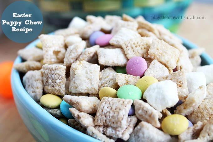 Easter Puppy Chow Recipe - This is THE perfect snack for Easter! My kids are totally addicted to it and beg for more. If you live in the north...I think you might call this Muddy Buddies....whatever you call it...it's good! It's also gluten free!