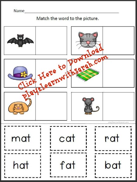 Kindergarten Printables: -AT Words | Play 2 Learn with Sarah