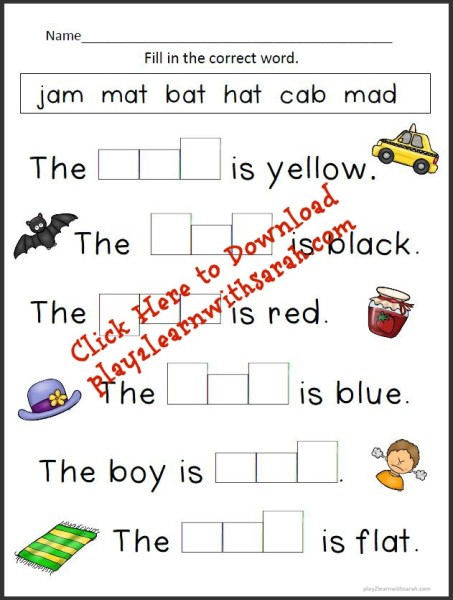 Kindergarten Printables: Short A Words Fill in the Blank |  Play 2 Learn with Sarah